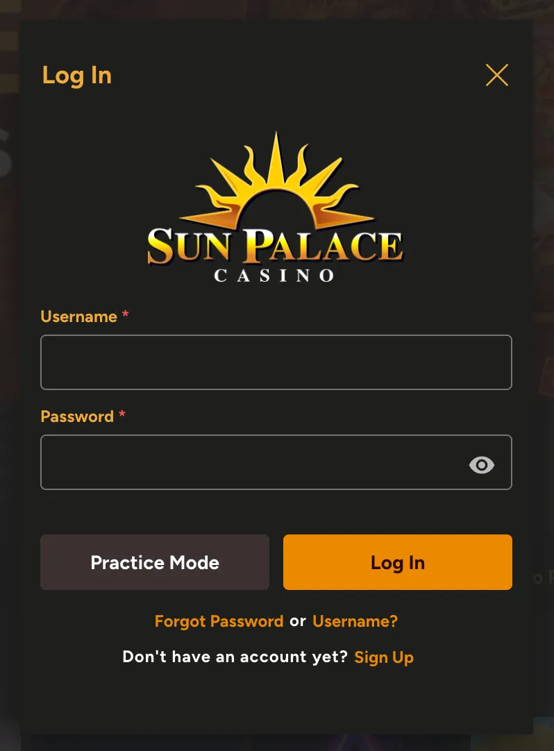 sun-palace-casino login page