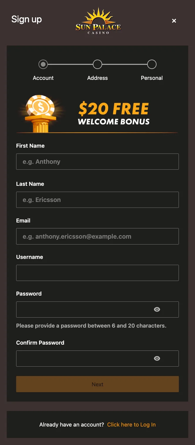 sun-palace-casino signup page